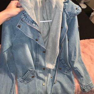 button up denim jacket and hooded vest